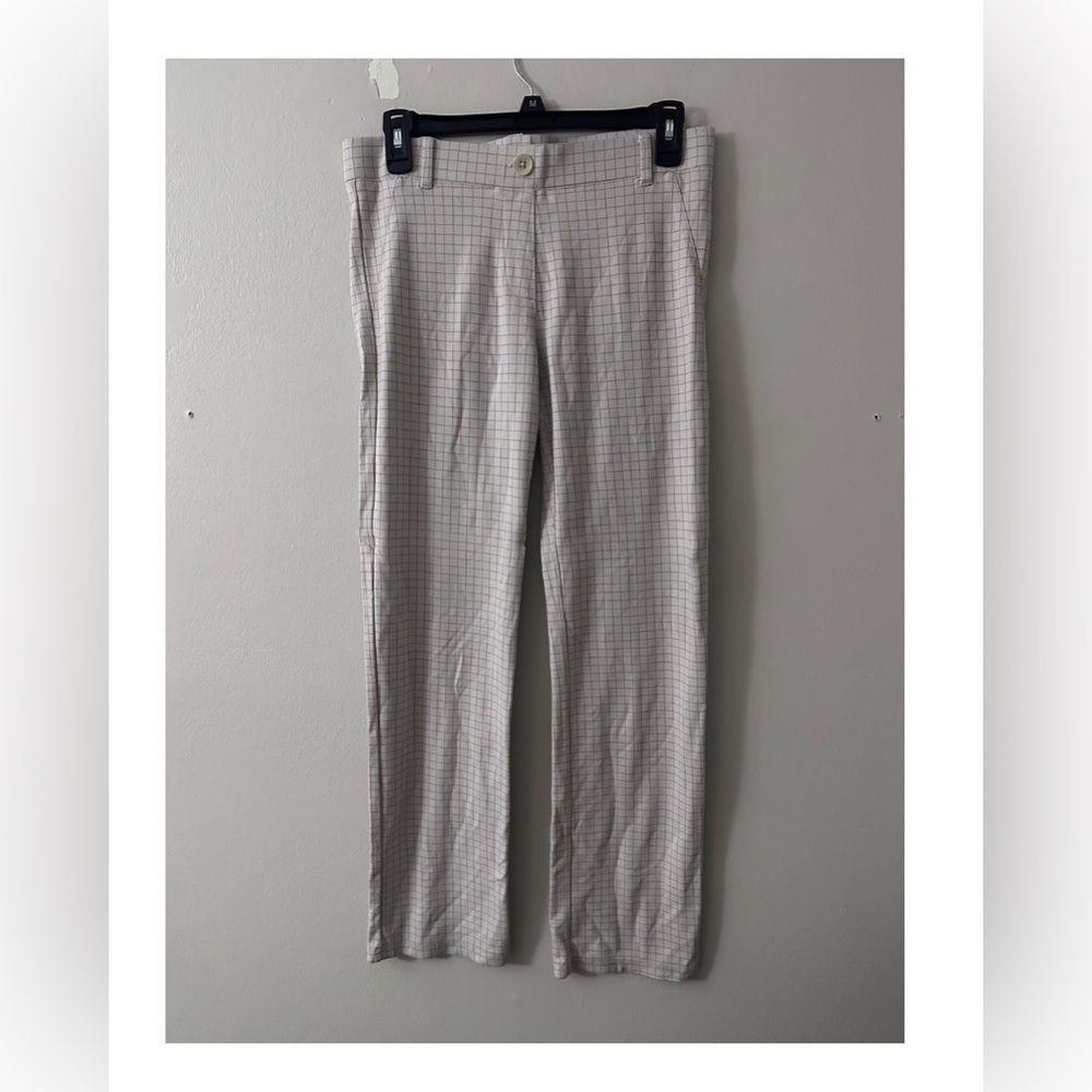 Betabrand Women's Straight Leg Stretch Trousers in White and Orange Check